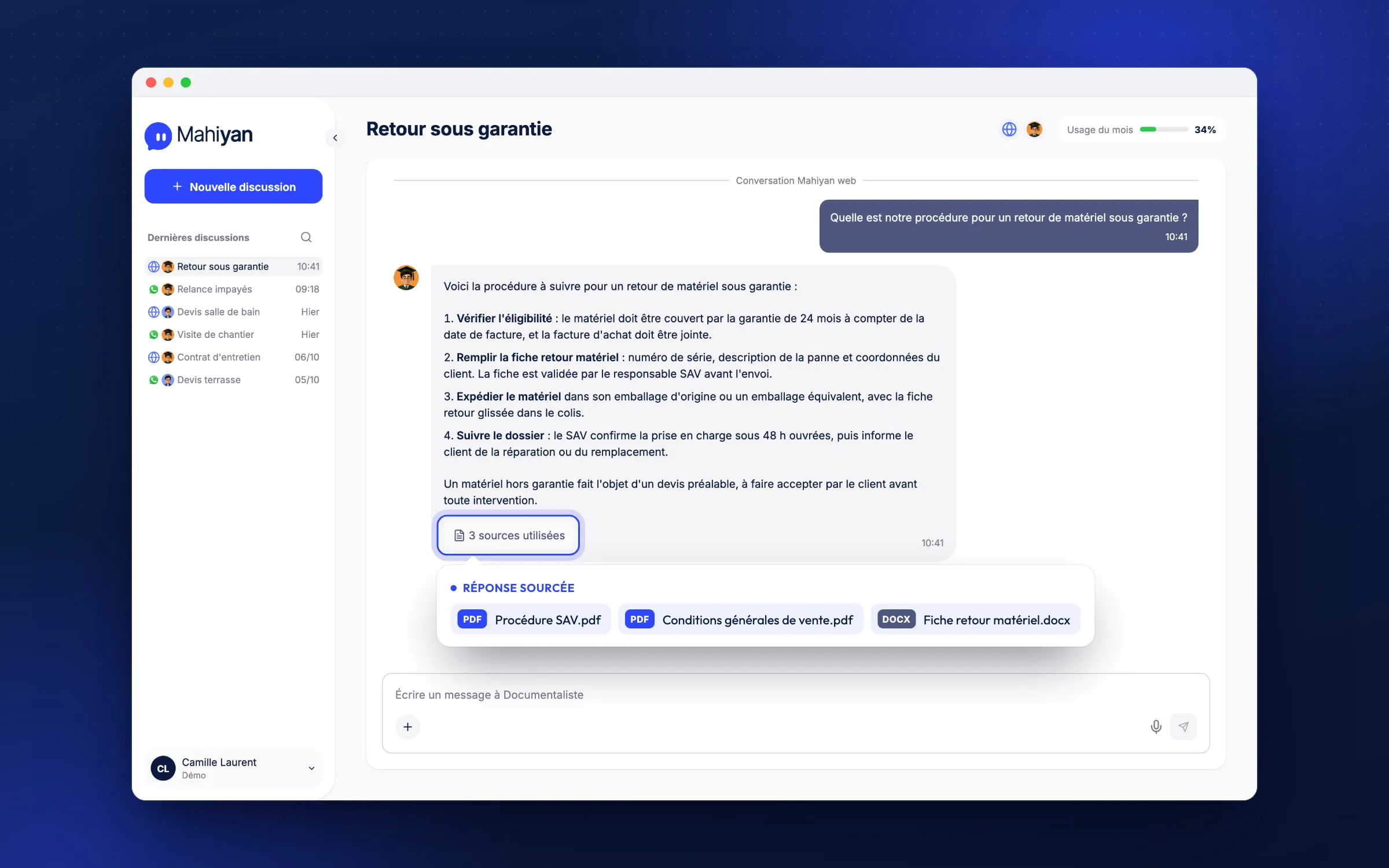 Conversation dans l’interface Mahiyan : une réponse rédigée à partir des documents de l’entreprise, avec le bouton « 3 sources utilisées ».